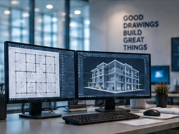 CAD workstation with architectural plans and a three-dimensional building model